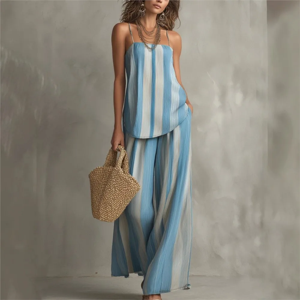 Fashion Striped Texture Suspender Wide-leg Pants Women's 2 Piece Summer New Casual Vacation Style Sexy Vest Trouser Suit Female