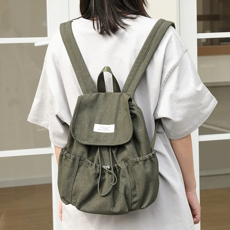 Korean Casual Women Backpack Artsy Retro Canvas Rucksack Flap Drawstring Daypack Student School Bag Travel Light Denim Backpack