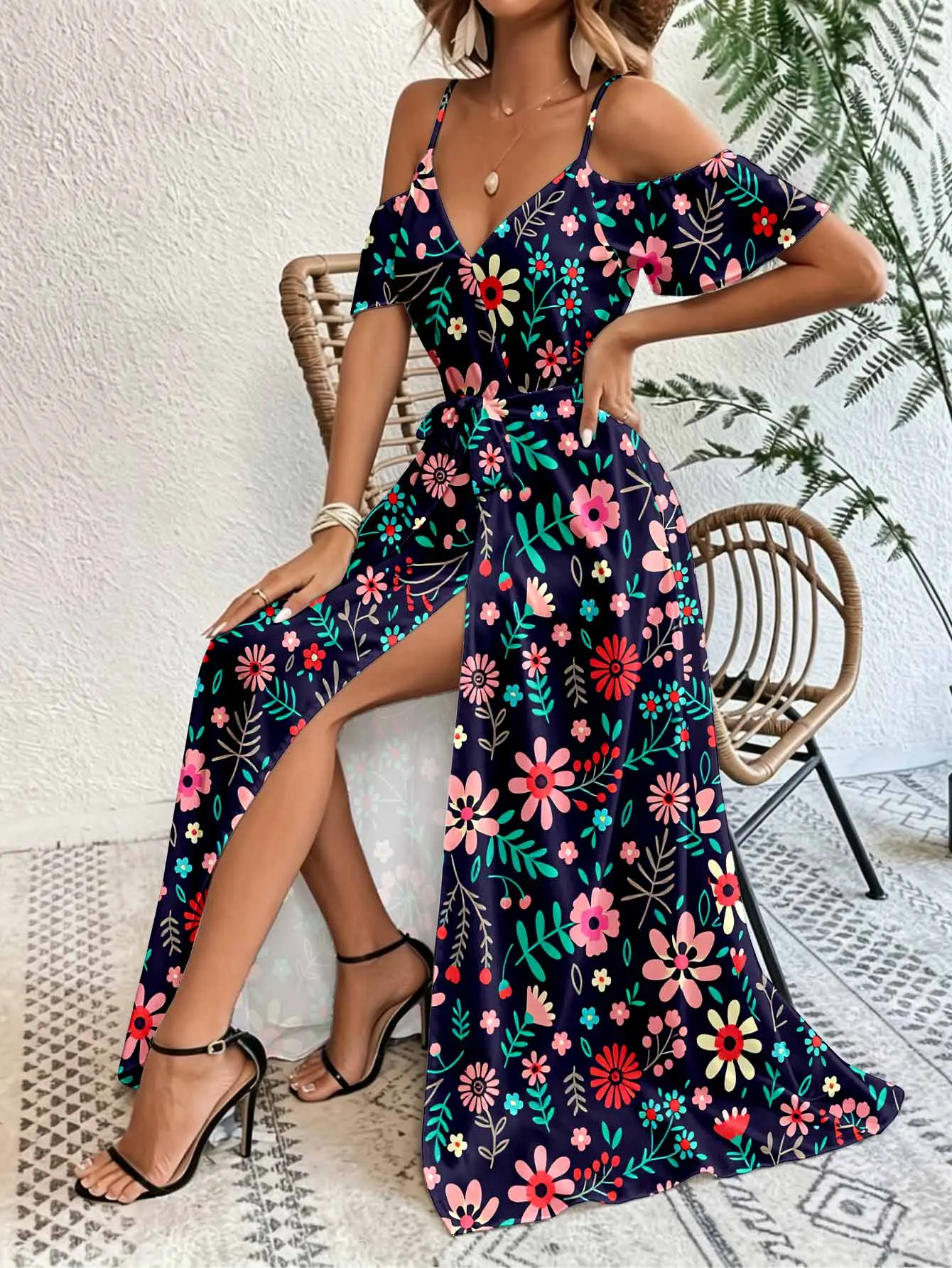 Strappy off-shoulder split maxi dress with waist ties for a vacation-chic, casual yet slimming vibe