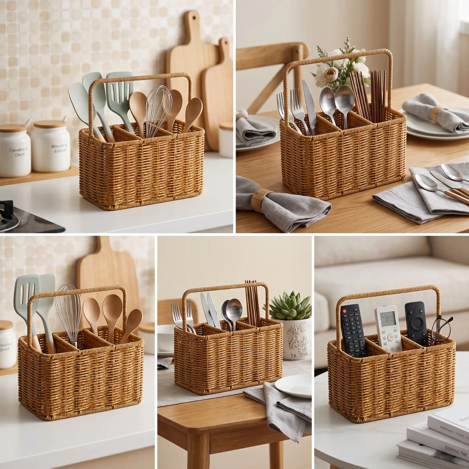 Storage Basket with Handle Three Section Divided Organizer Lightweight Home Caddy for Utensils Remotes and Pens