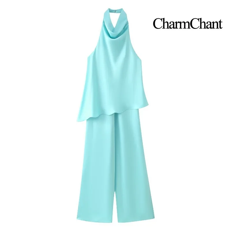 CHARMCHANT Women's Satin Halter Backless Wide Leg Jumpsuit Asymmetrical Sleeveless Long Pants Romper Elegant Outfit Summer 2026