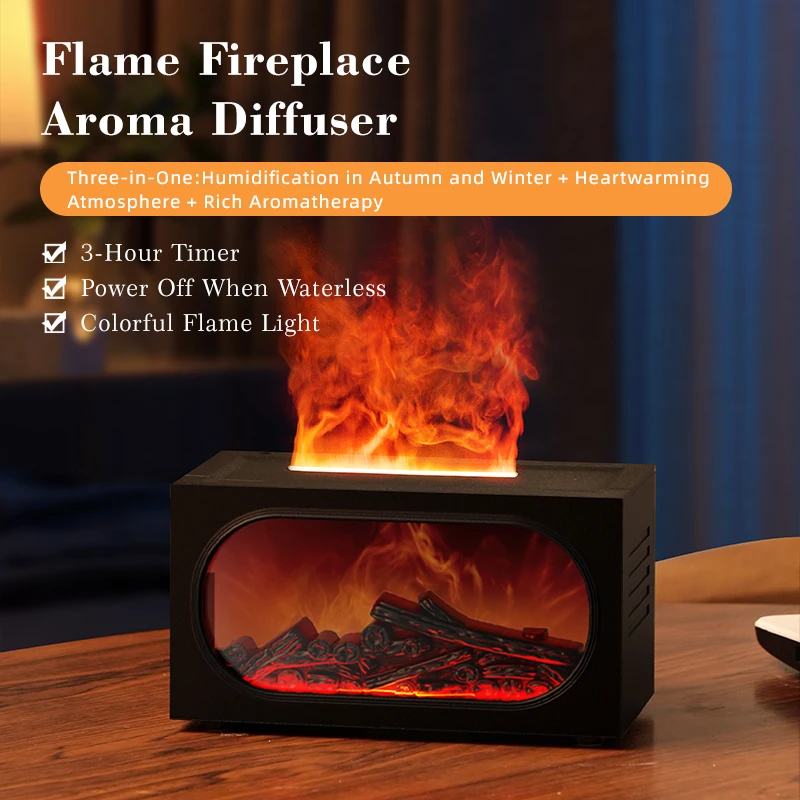 موزع روائح الموقد مع ضوء لهب محيط، حماية من انقطاع التيار الكهربائي بدون ماء، مخرج رذاذ ناعم وكبير، ترطيب هادئ