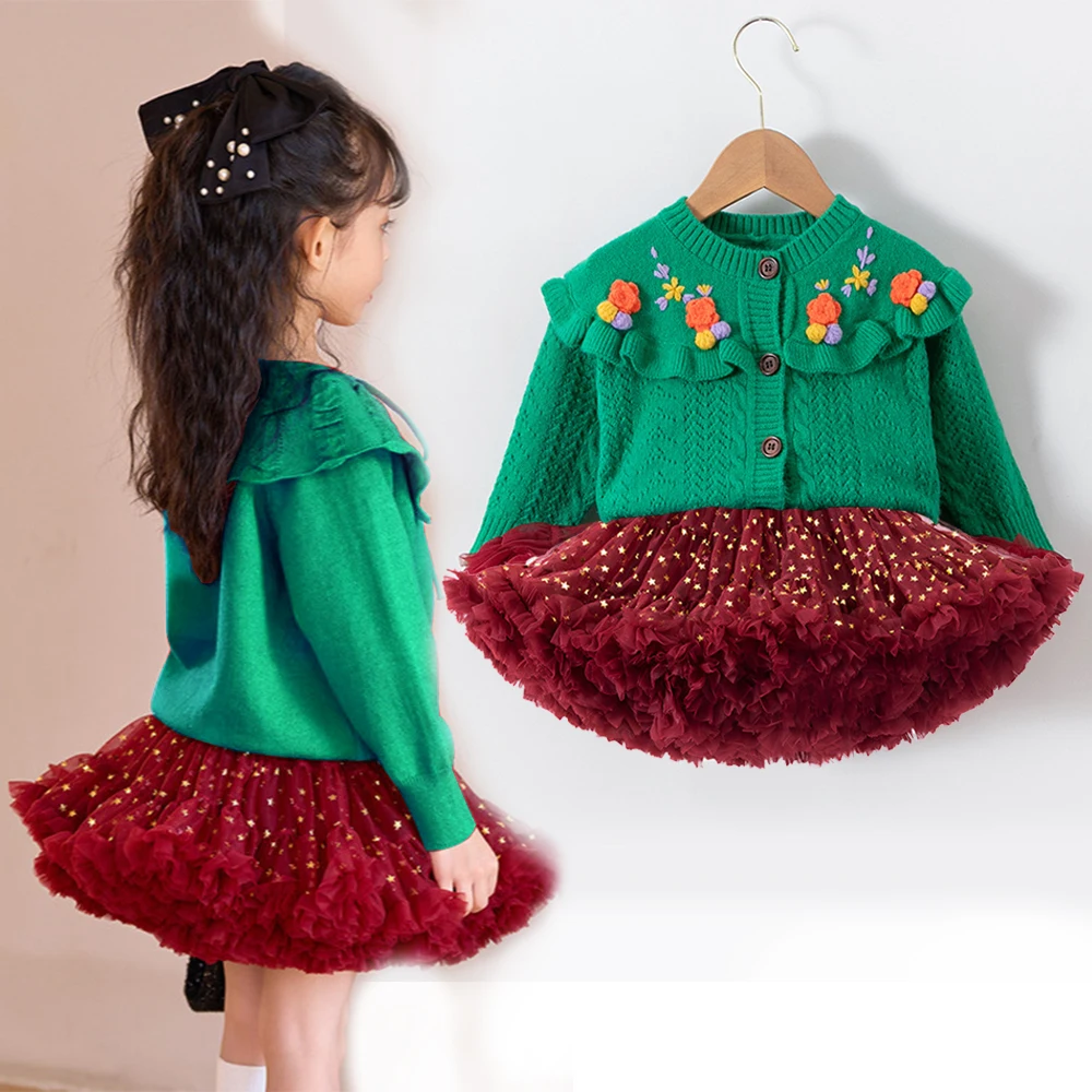 

Детская одежда из 2 предметов для девочек, зеленый кардиган + красная сетчатая юбка-пачка, платье принцессы для рождественской вечеринки, вязаный топ и низ, осенний комплект