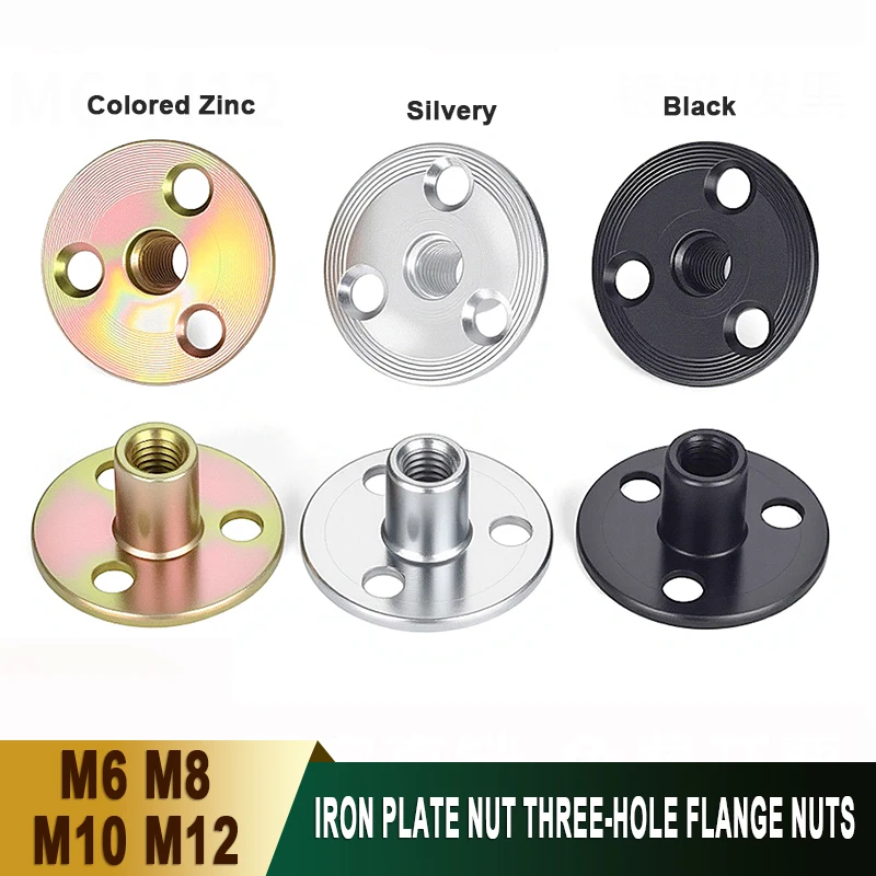 Iron Plate Nut Three-hole Flange Nuts M6 M8 M10 M12 Threaded Fastener Lock T Nuts for  Furniture/Cabinet/Climbing Wall Anchors