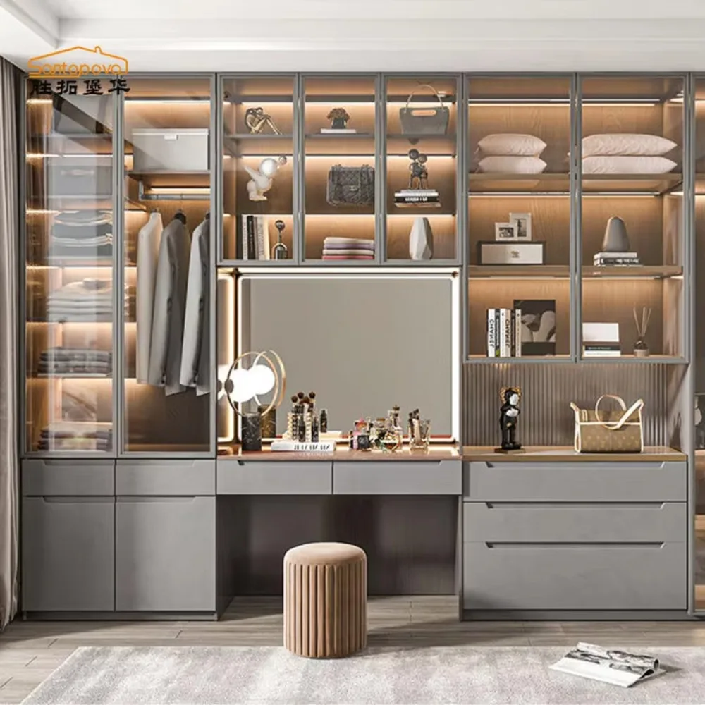 Luxury Customized Modular Built in Wooden Walk in Wardrobe Closet with Mirror