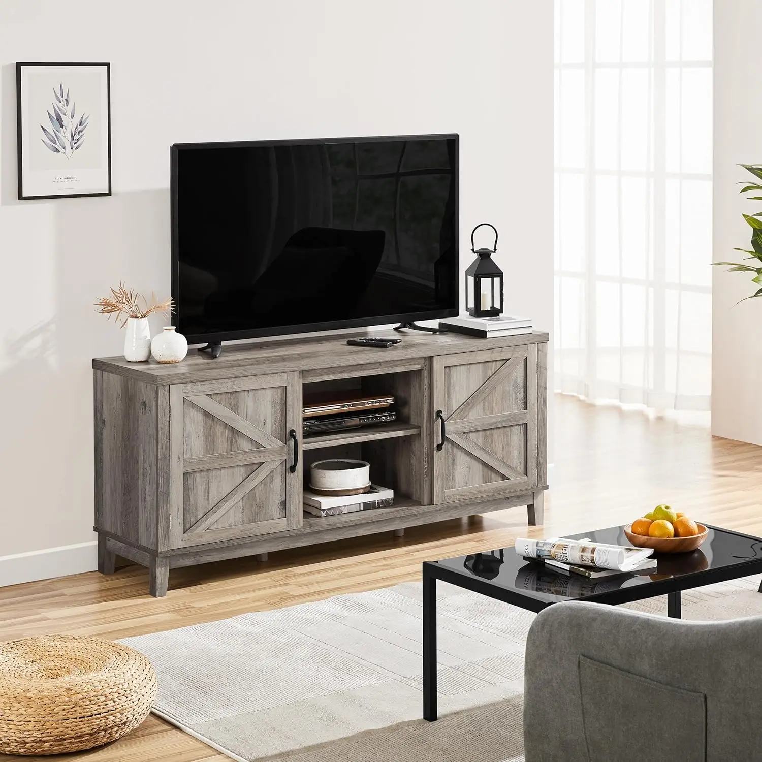 Farmhouse TV Stand para sala de estar, centro de entretenimento com portas duplas, cinza, 65 polegadas