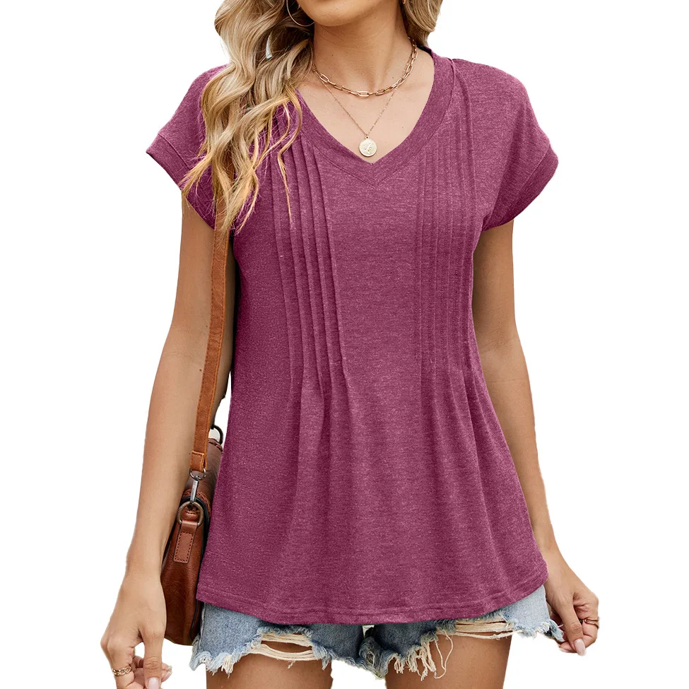 2025 Summer Casual Blouse Women Fashion Short Sleeve Shirts Women's V Neck Solid Color Pleated Tunic Blouse Loose Plus Size Tops