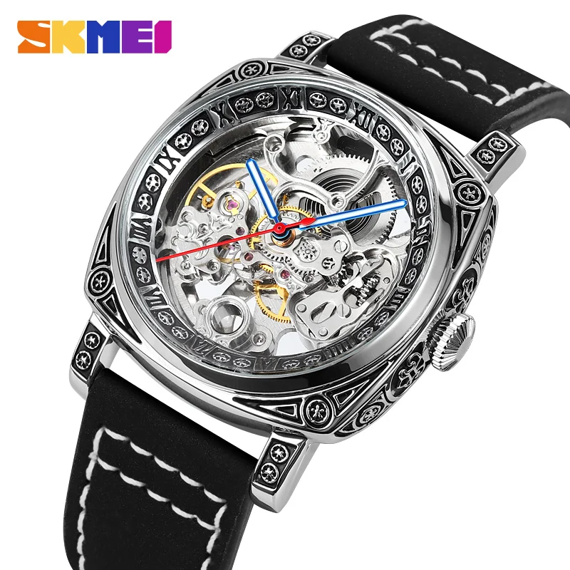 SKMEI Luxury นาฬิกาอัตโนมัติสำหรับชายแกะสลักนาฬิกากลวงนาฬิกาแฟชั่นกันน้ำ Reloj Hombre