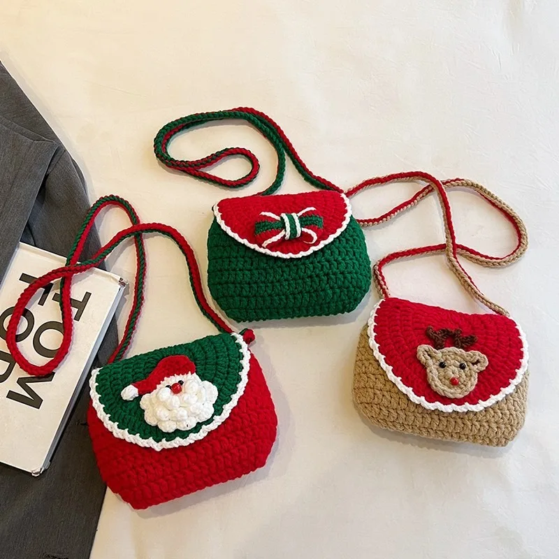 Bolso de punto de lana navideño, bonito y a la moda, bolso de un hombro tipo bandolera de Papá Noel, monedero cuadrado Horizontal para mujer