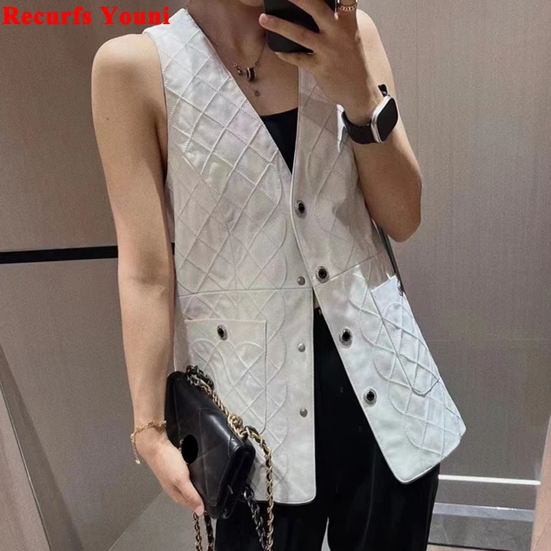 Minimalist Leather Suit Vest For Women Ladies Genuine Sheepskin Diamon Plaid White Sleeveless Jacket V-neck Chaleco Mujer Outfit