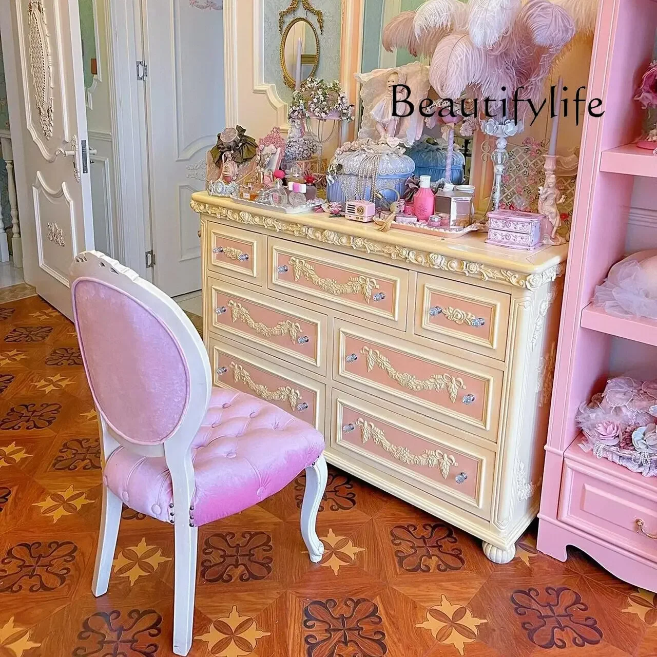 

SS French Solid Wood Carving Flower Retro Seven Chest Cabinet European Storage Locker American Pink Dressing Decorative Cabinet