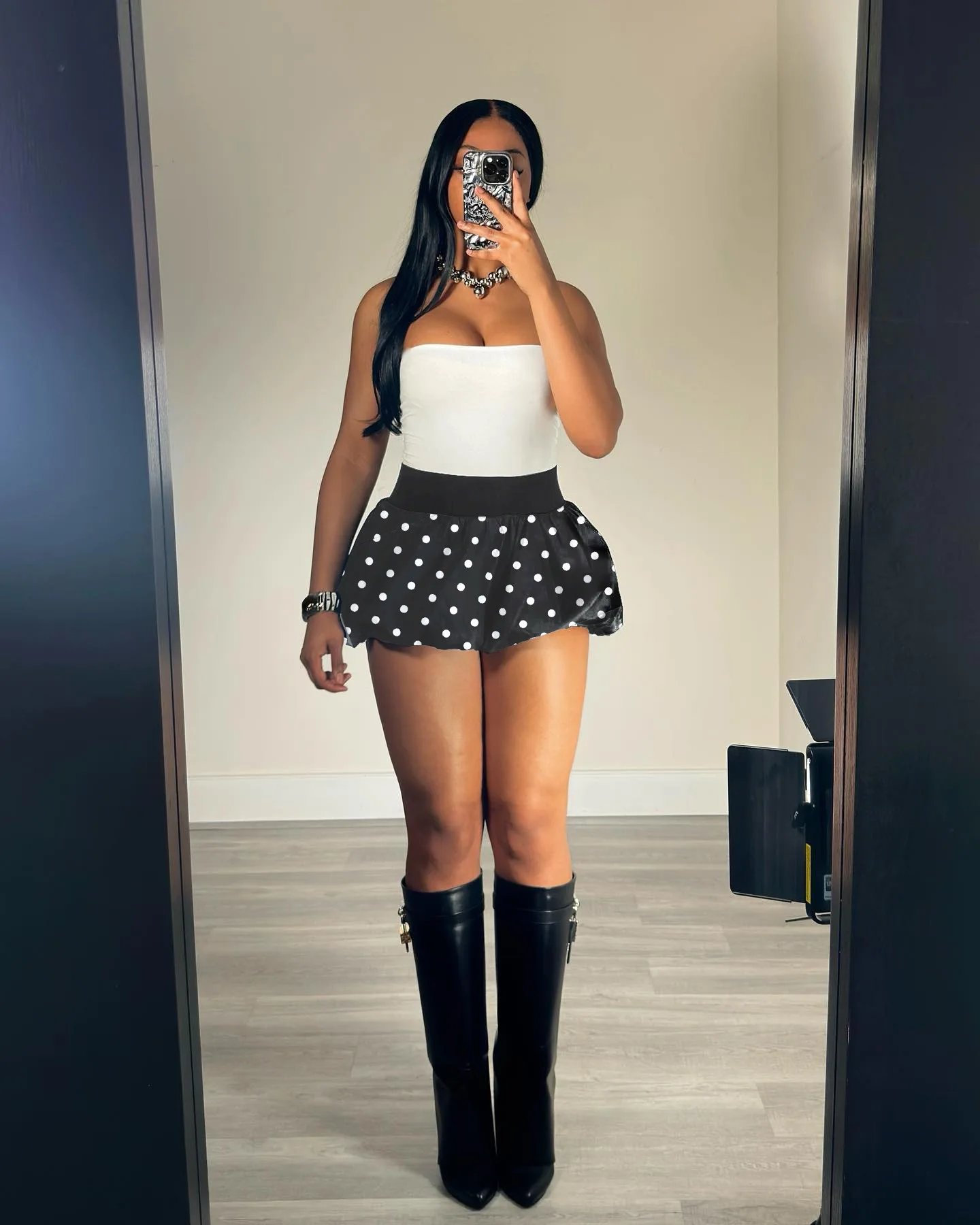 Stylish Lady Polka Dot Bubble Mini Skirt 2026 Summer Women High Waist Ruffled Sexy Club Party Flare Skirt