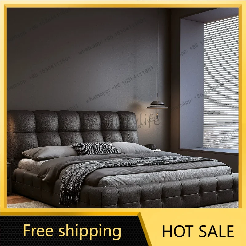 FG Italian minimalist top grain cowhide bed master bedroom soft upholstered double storage bed for home interior decor lay