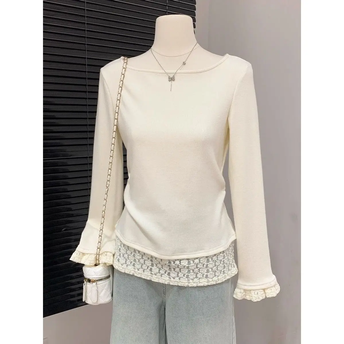 Slim Fit Long Sleeve T-Shirt Women's Drawstring Waist Gathered Waist Base Shirt Inner Wear New Style Elegant Top Apricot Color