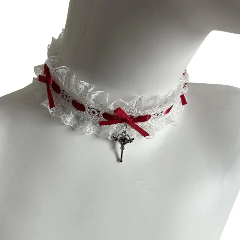 

39BB Bowknot Lace Trim Choker Necklace with Heart Wing Pendant Adjustable Ribbon Choker for Women Wedding Halloween Party