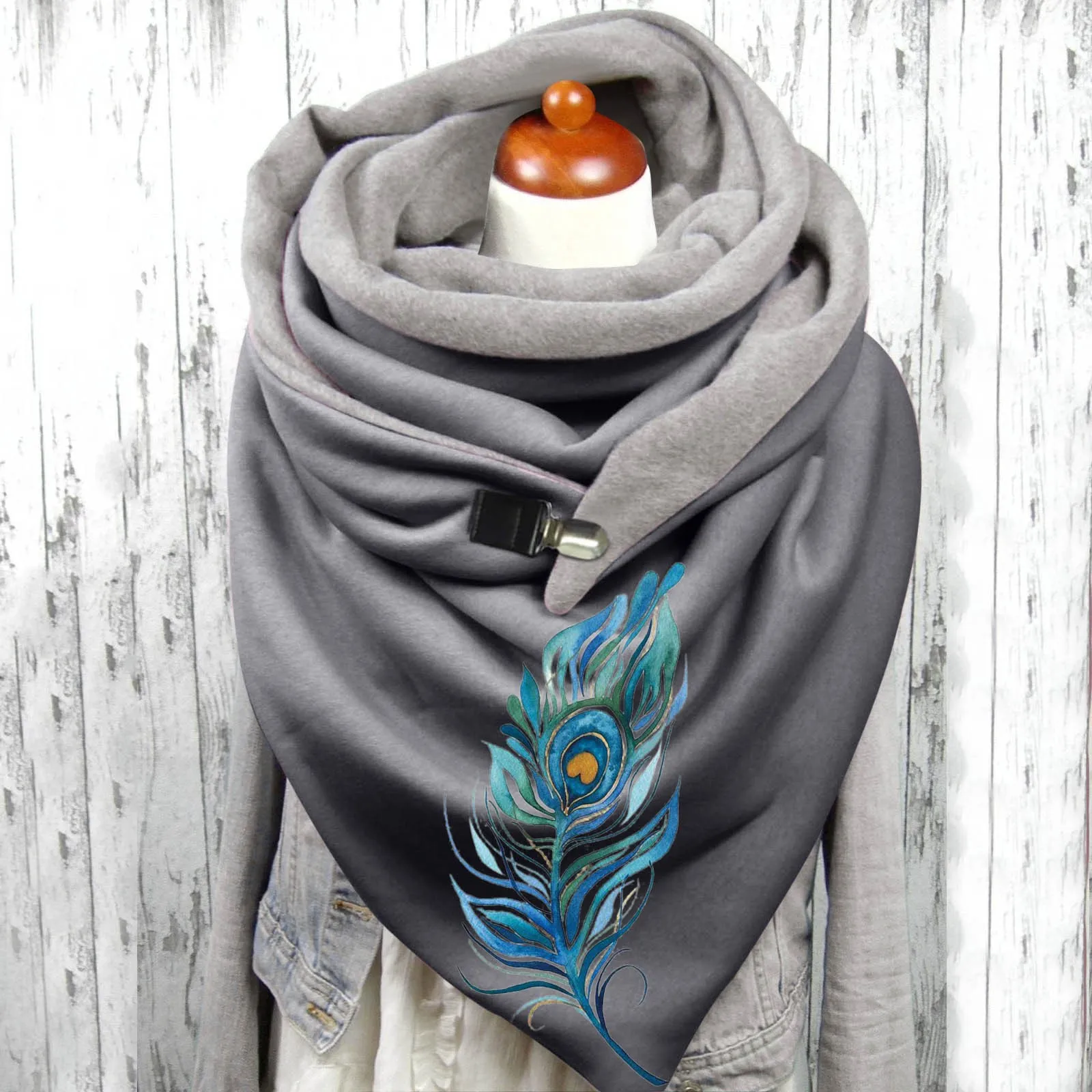 Women Fashion Feather Print Cotton Winter Warm Button Up Scarf Hijabs For Woman poncho triangle wrap large stoles Foulard Warm