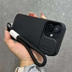 Slide Camera Lens Protection Wrist Strap Cord Case For iPhone 17 11 12 13 14 15 16 Pro Max Plus Shockproof Bumper Armor Cove