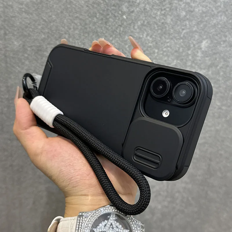 Slide Camera Lens Protection Wrist Strap Cord Case For iPhone 11 12 13 14 15 16 Pro Max Plus Shockproof Bumper Armor Soft Cover