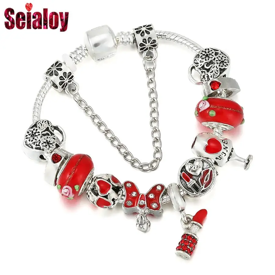 Seialoy New Red Lipstick Pendant Wine Glass Bow Charm Bracelets For Women Girls Original Red Heart Bead Bracelet Jewelry Gift