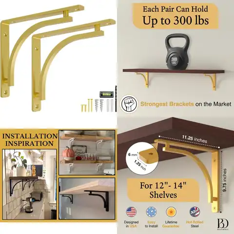 Heavy-Duty 12-Inch Gold Metal L-Bracket Shelf Support Brackets for Wall-Mounted Shelving