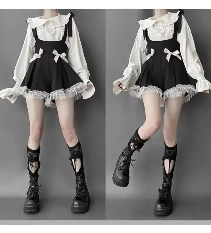 

Japanese Style Gothic Lolita Sets Girly Sweet Kawaii Bow Tulle Patchwork Shorts Pants White New Blouse Women Cute Outfits