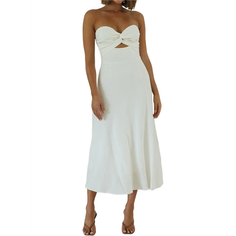ASDS-vestidos por debajo de la rodilla con escote corazón y tirantes en la parte delantera para mujer, vestido de lino con tubo recortado ahumado para invitados de boda