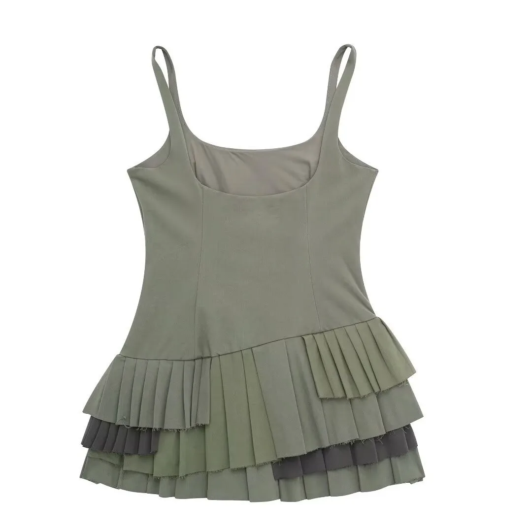 Women's Chic Army Green Suspender Mini Dress Fashion Sleeveless Pleated Bodycon Vestidos Female