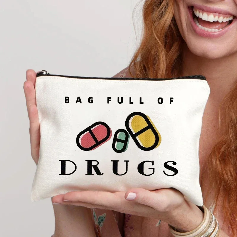 

Drugs Print Makeup Bag Organizer Zipper Medicine Pouch Travel Sundries Office Supplies Storage Pencil Case Fun Gift Canvas Bags