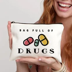 Drugs Print Makeup Bag Organizer Zipper Medicine Pouch Travel Sundries Office Supplies Storage Pencil Case Fun Gift Canvas Bags