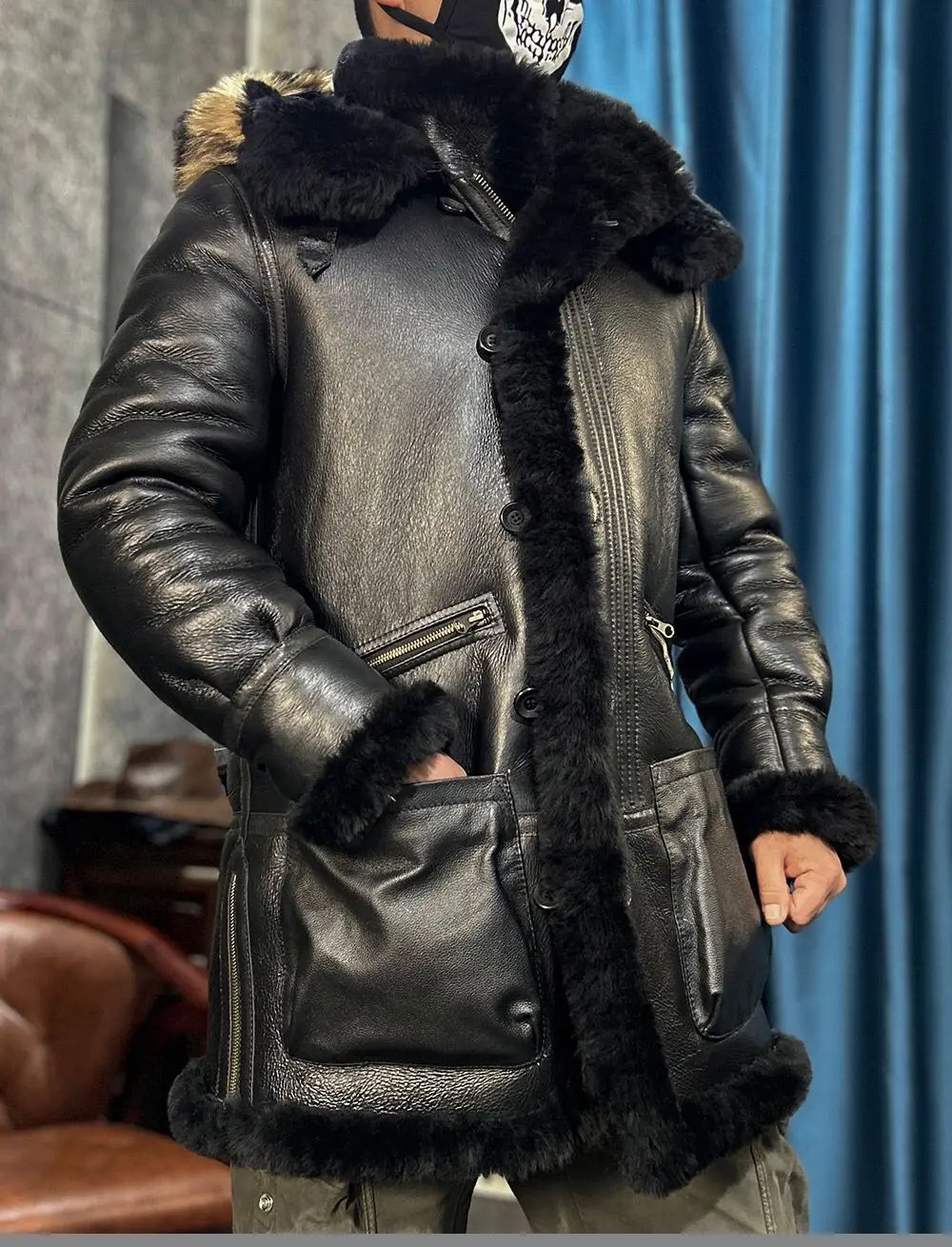 Men\'s Winter Long Coat Genuine Leather Real Sheepskin Shearling Jacket Thick Warm Wool Liner Raccoon Fur Hood Black Big Size 62