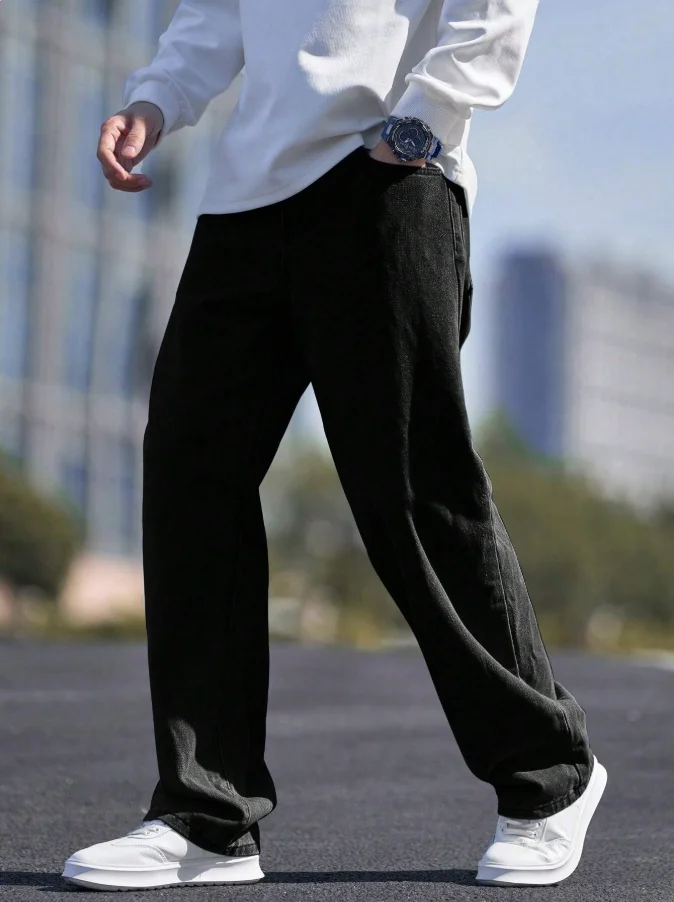 بنطال جينز رجالي فضفاض كاجوال بأرجل مستقيمة مع جيوب مائلة، مناسب لجميع المواسم ومصنوع من القماش الناعم #3