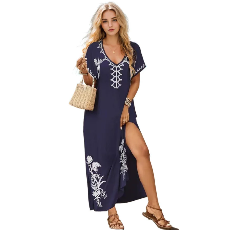 Vestidos de caftán para mujer, traje de baño con bordado floral, cubierta para traje de baño caftán con cuello en V