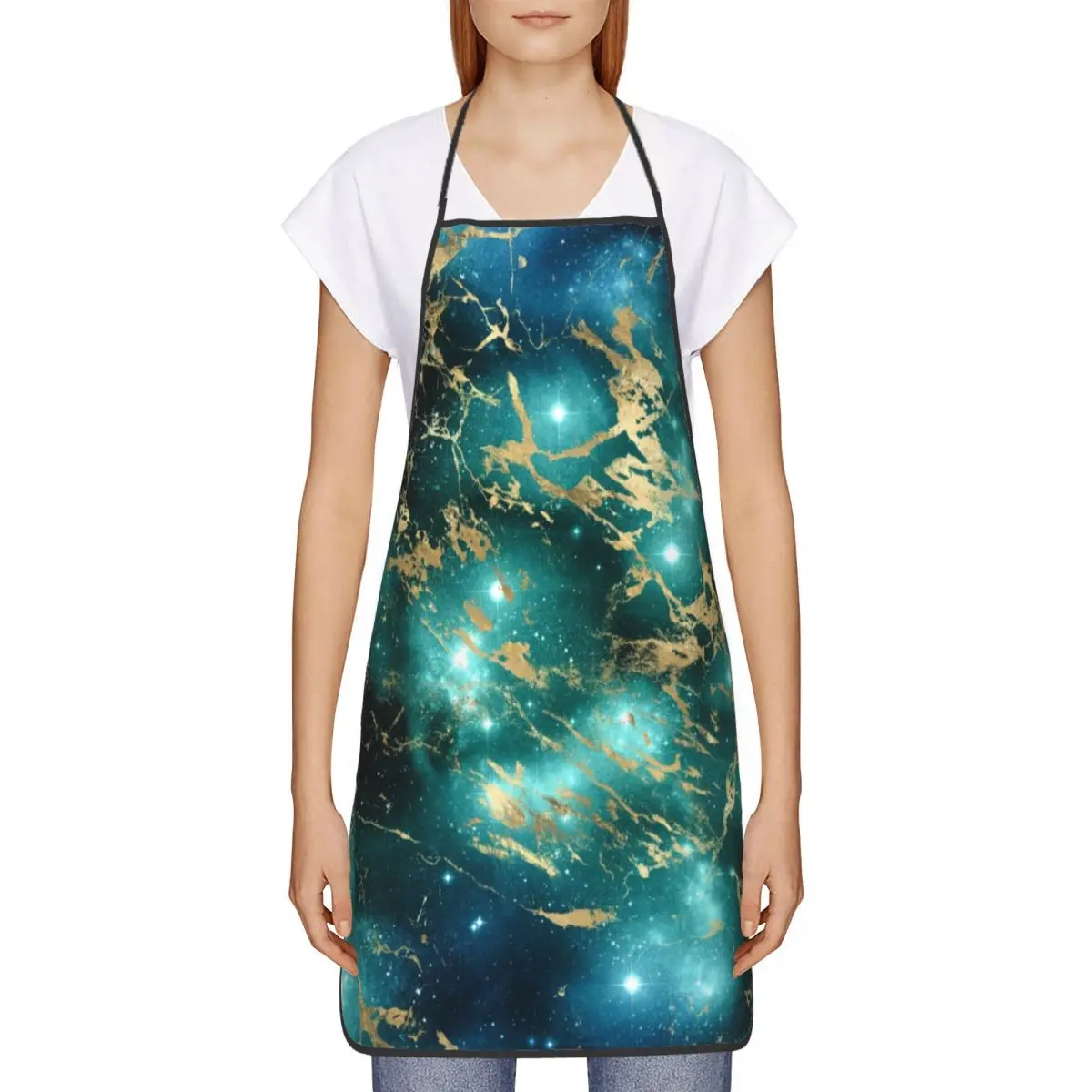 Golden Glitter Starry Space Marble Bib Apron Adult Women Men Chef Tablier Cuisine for Kitchen Cooking Marbled Texture Baking