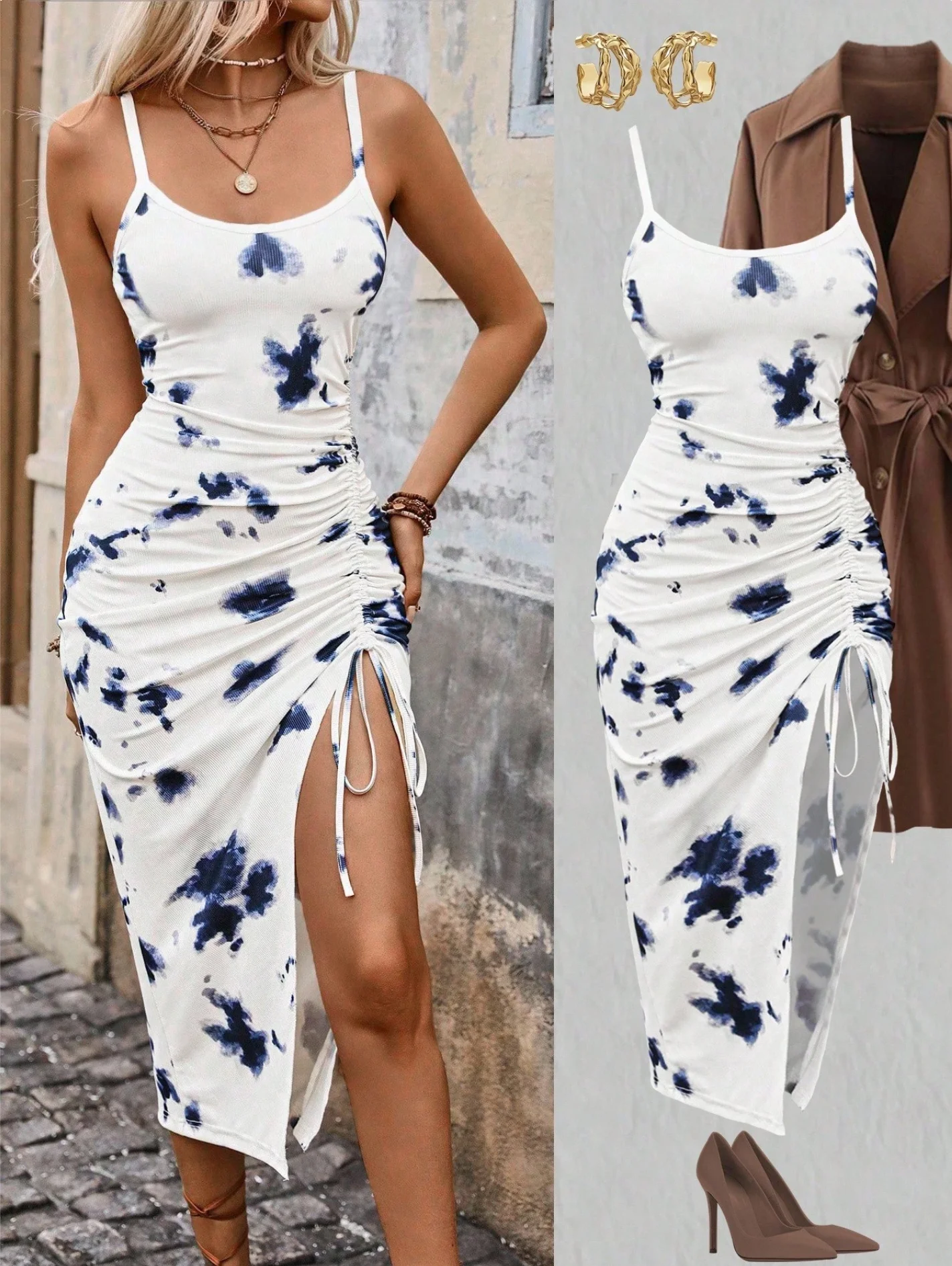 Women's Bohemian Ruffled Split Thigh Dress, Gradient Color Block, Vacation Beachwear