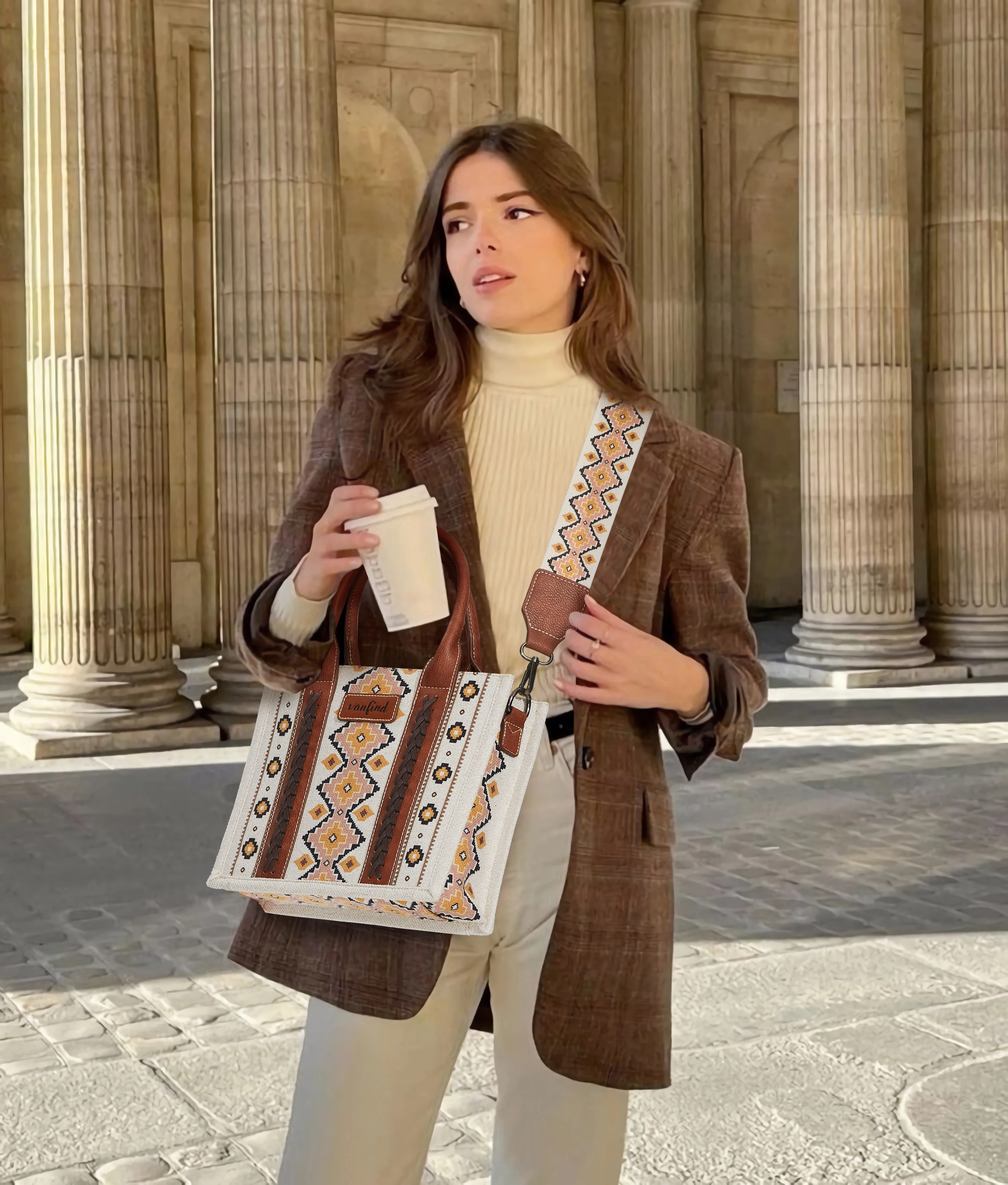 Tas tote Bag pegangan atas antik terinspirasi tali lepas pasang penutup ritsleting tepi bercat bahan kanvas cetak acak