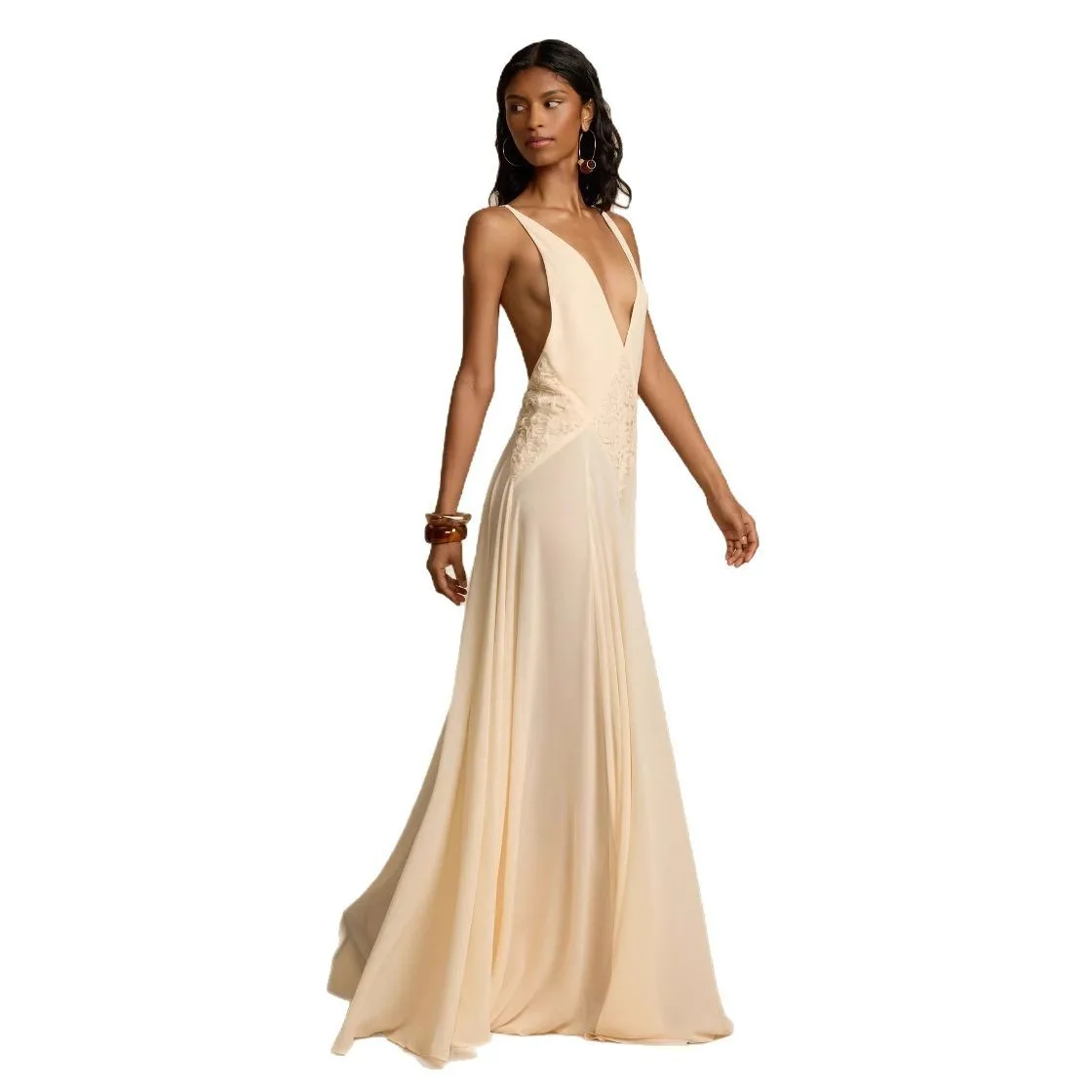 Beige Deep V-neck Suspender Dress Waist Mopping Long Dress Simple Fashion Temperament Elegant Slim And Thin Women's Clothing