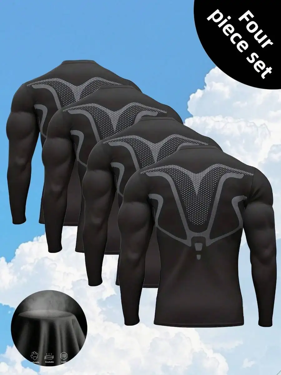 

4-Pack Mens Compression Workout Shirts Round Neck Quick Dry Athletic Top For Gym Fitness