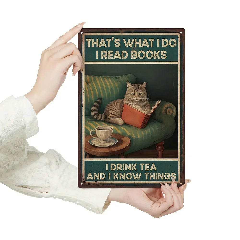 Enjoy Tea Cat Theme Vintage Metal Sign Reading Cat Wall Art Plaque for Living Room Bedroom Study Halloween Christmas Decor Gift