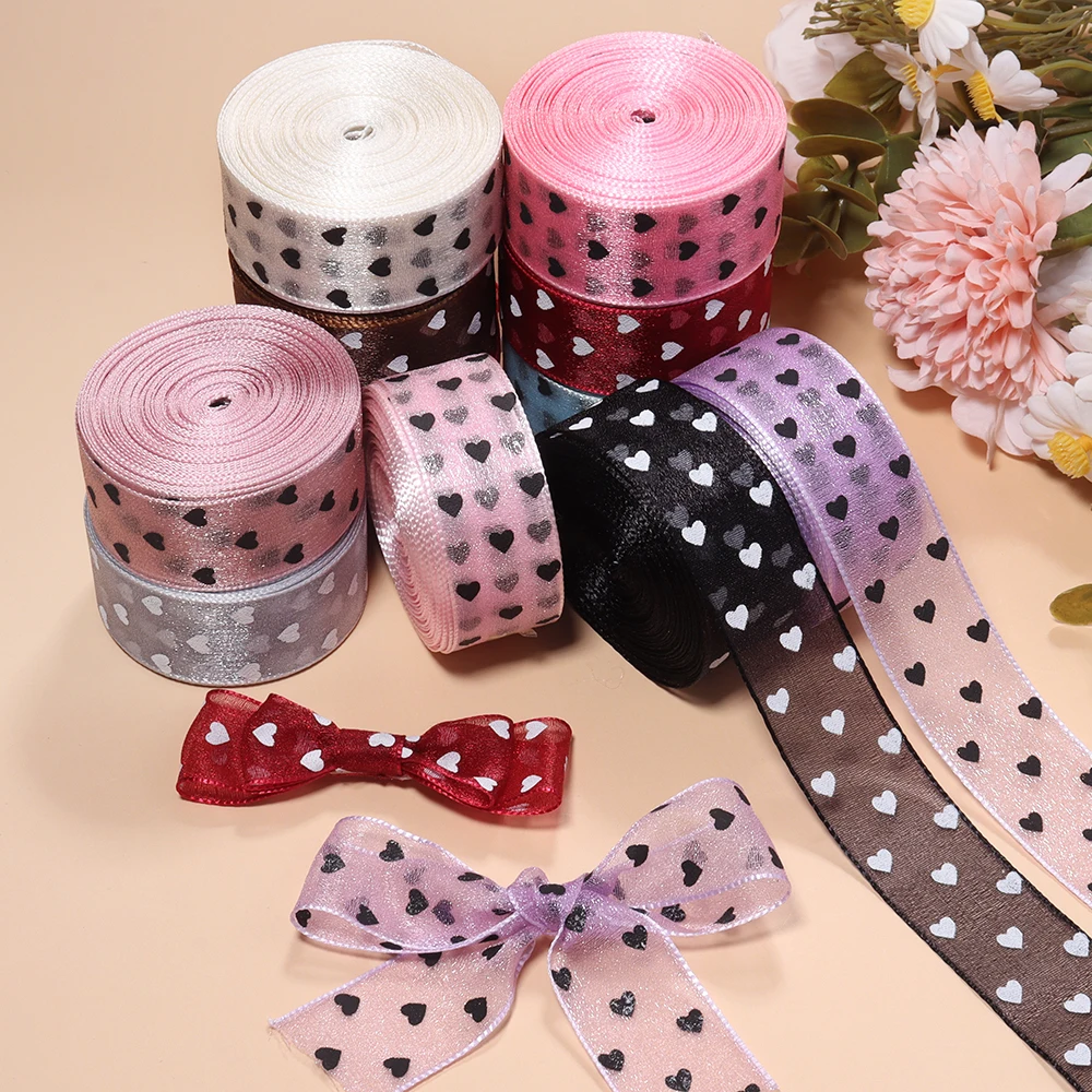 10 Yards 2,5 cm herzbedruckte Chiffonbänder, weiches Netzband für Hochzeitsdekoration, Geschenkverpackung, DIY-Schleifen und Haaraccessoires – Detail 2