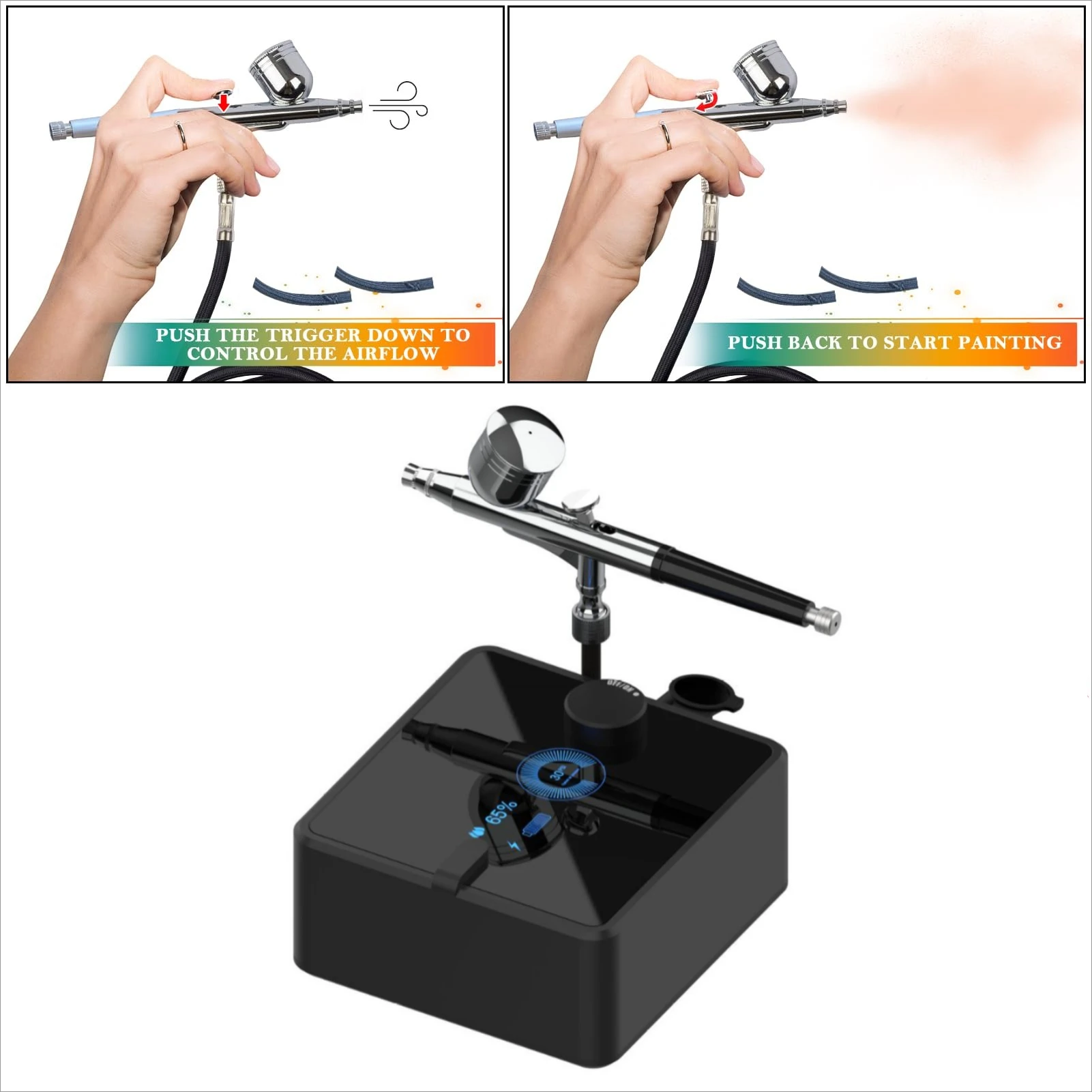 Powerful 30PSI Adjustable Output Airbrush Kit Auto Stop Dual Multi-Function Air Brush Compressor Set Painting Nails Makeup DIY