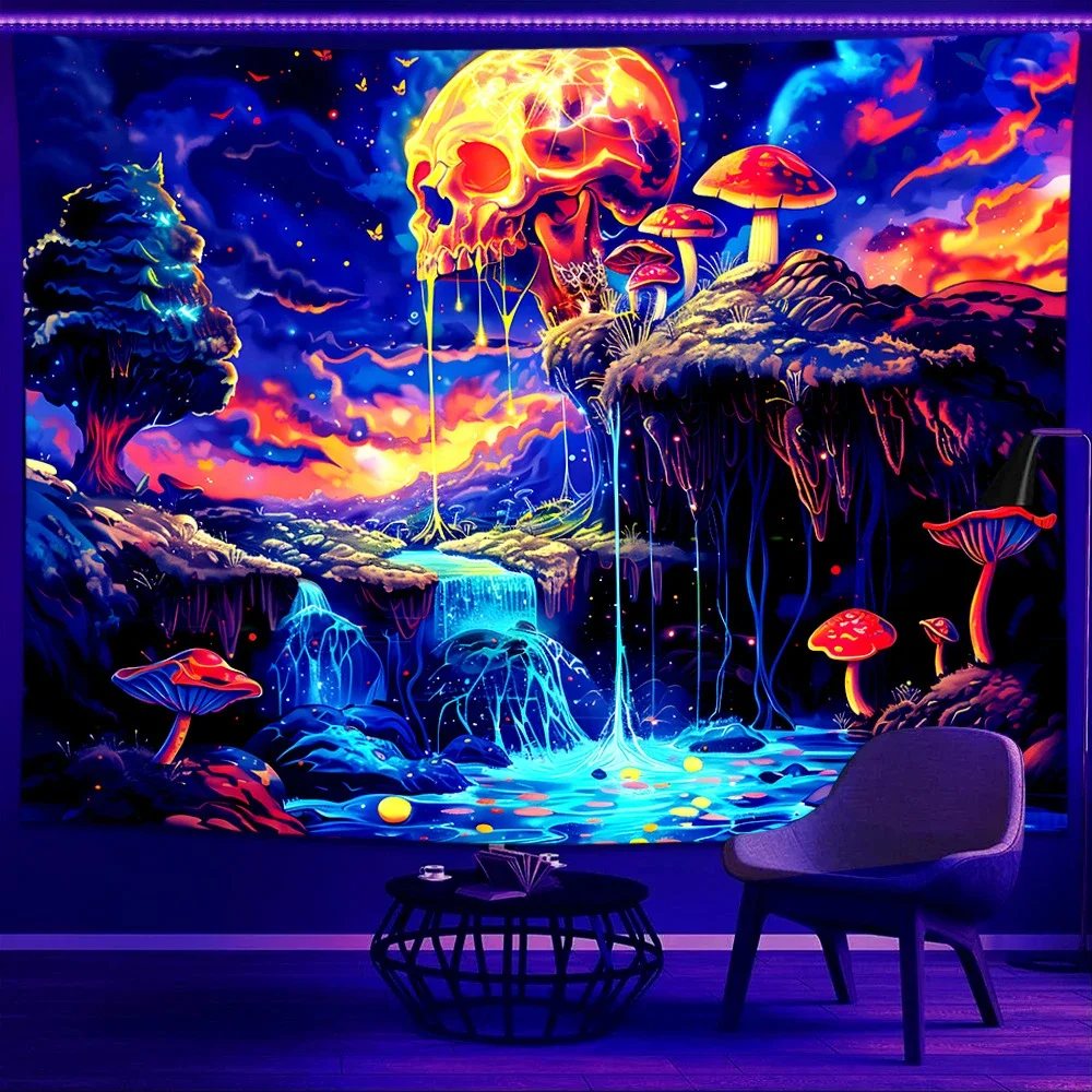 VIKAMA Neon Skull Mushroom Cave Tapestry Wall Hanging, 6 Designs, Wall Decor for Bedroom Living Room Dorm