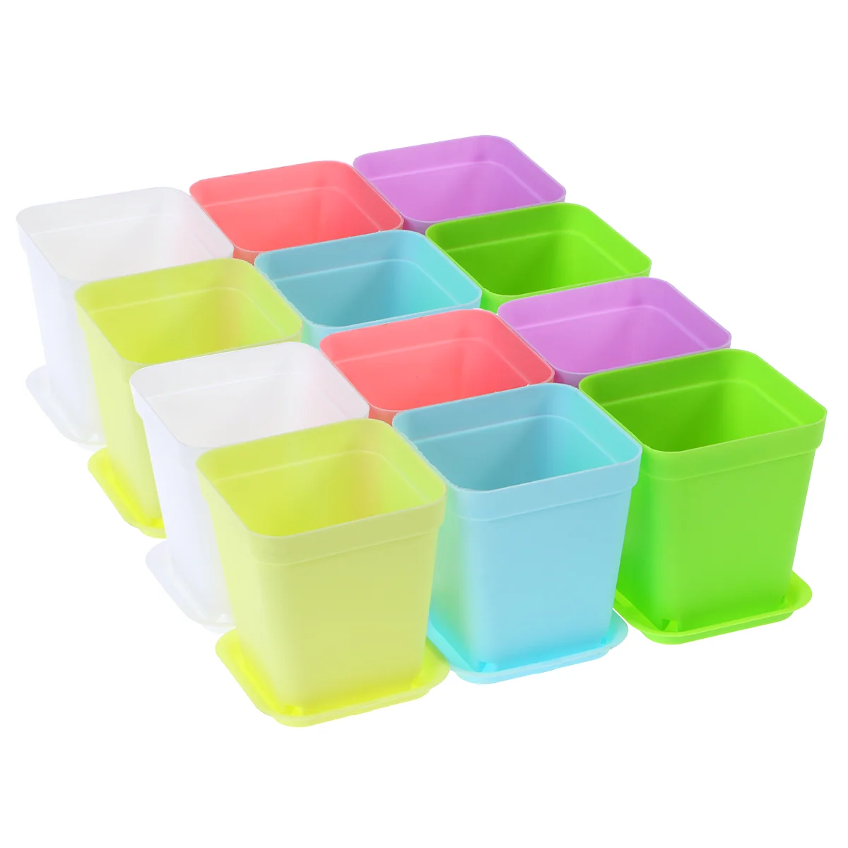 12pcs Plastic Plant Pots 7*7cm Square Flower Pot with Saucers for Planting (White & Pink & Blue & & Green)