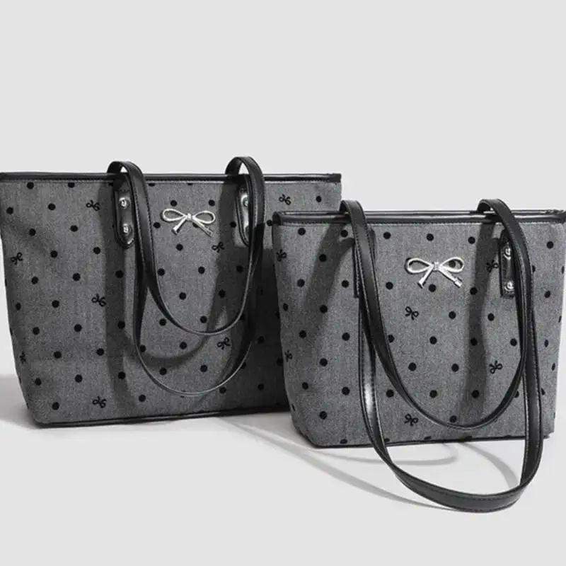 Bloom Sweet Cool Black Tote Women College Style Trendy Bow Print Large Capacity Handbag Ladies Vintage Shopping Bag Y2k