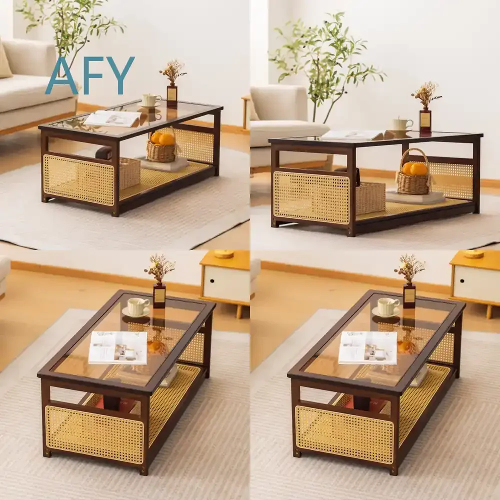 Rattan Coffee Table for Living Room with Tempered Glass Top Rectangular Modern Minimalist Nordic Style Solid Wood Frame for