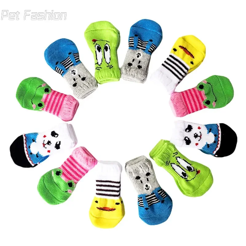 4Pcs Cute Pet Dog Socks with Print Anti-Slip Cats Puppy Shoes Paw Protector Products for Small Breeds Spitz York Dogs Chihuahua