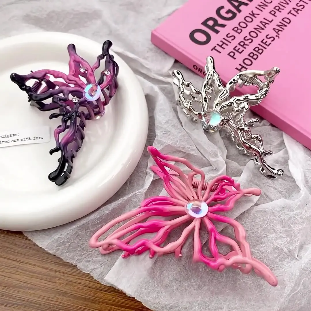 

Dopamine Y2k Pink Irregular Metal Butterfly Hairpin Rhinestone Hair Claws Women Girl Big Hair Clip Unique Autumn Winter Headwea