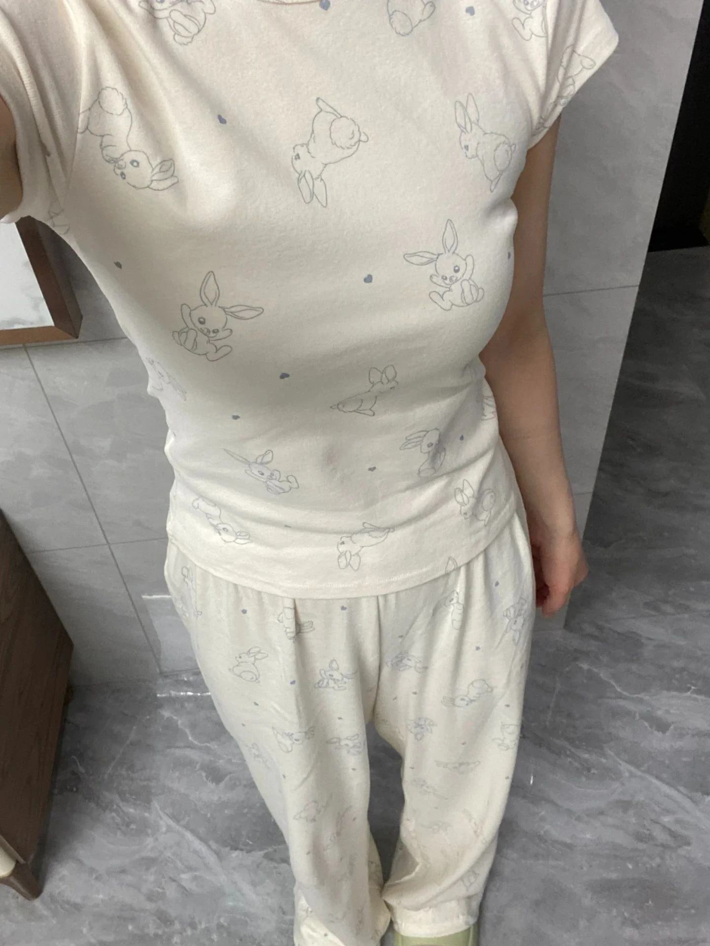 Sweet Rabbit Print T-shirt Pant Sets Women Summer O-neck Slim Tee Eyelet Straight Long Pants Casual Soft Cotton Home Pajama Set