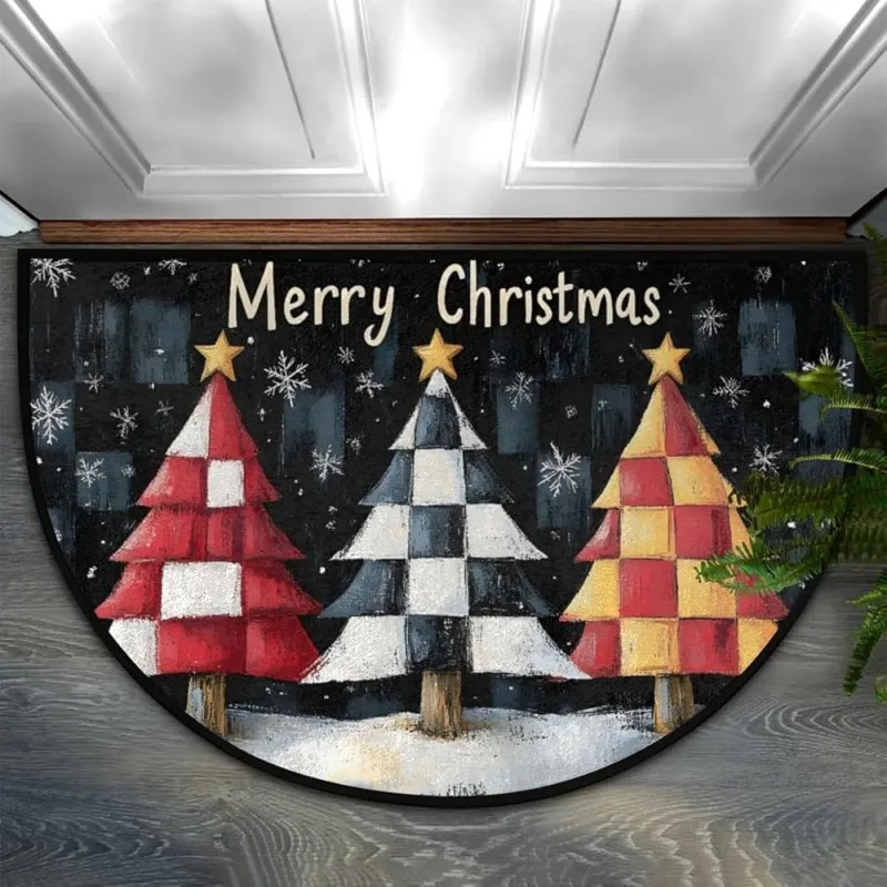 Merry Christmas Typography Semi Circle Doormat Plaid Pattern Welcome Mat