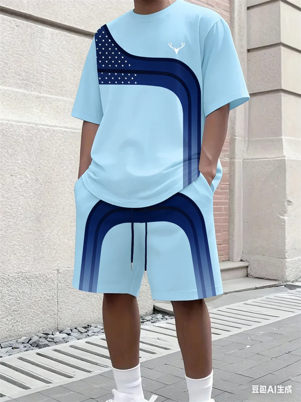 Fashion Summer Men's Stripe Print Comfortable Breathable Round Neck T-shirt Shorts Set Outdoor High Street Clothing T-shirt Sets