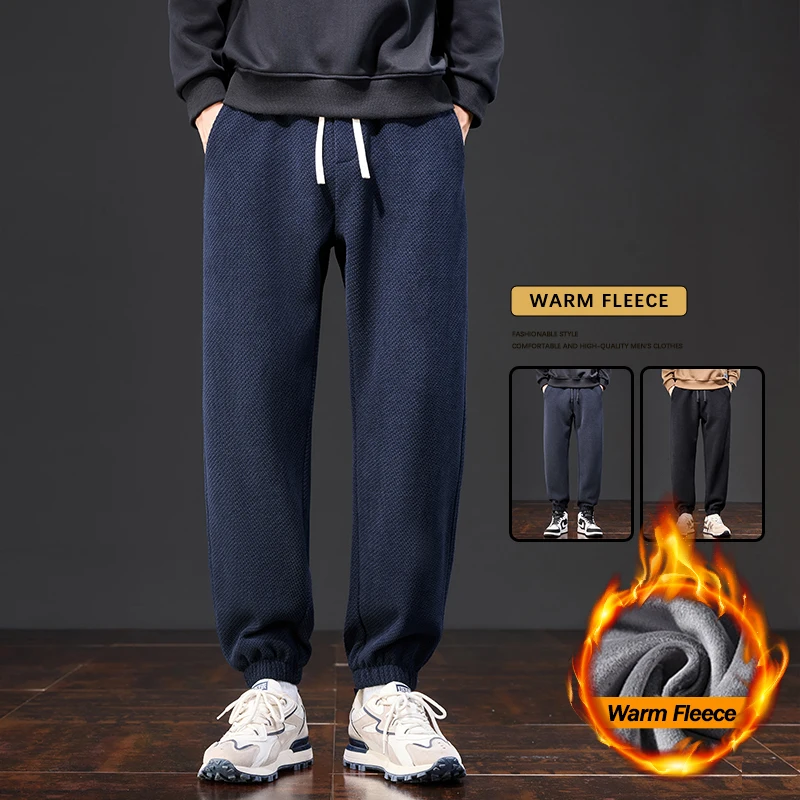 

Winter Warm Fleece Knitted Twill Pants Men's Plush Velvet Jogger Sweatpants Soft Comfortable Thicken Loose Casual Trousers